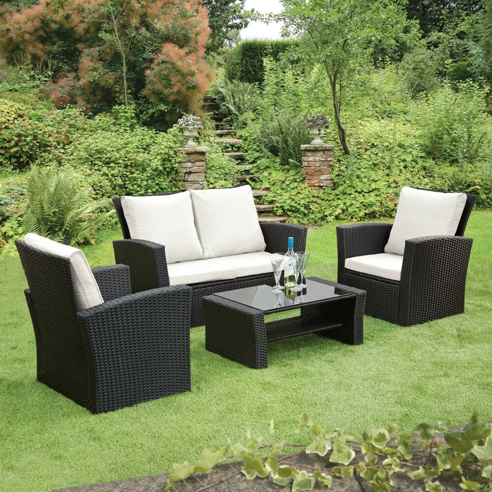 Lazio Rattan Garden Furniture Sofa Set - Black Rattan / Cream Cushions