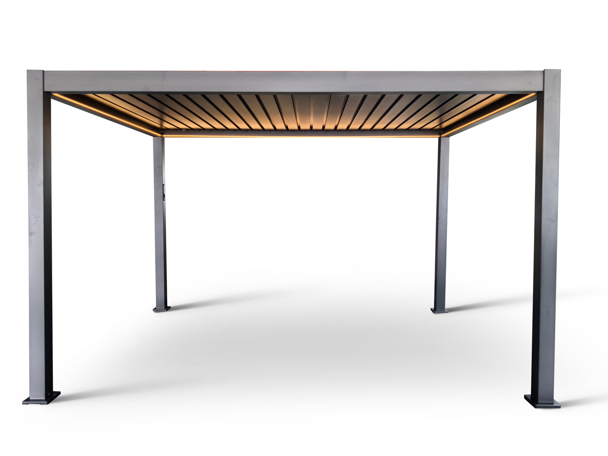 MotaShade™ 3×4m Motorised Aluminium Pergola – Double‑Layer Louvers, LED Lighting