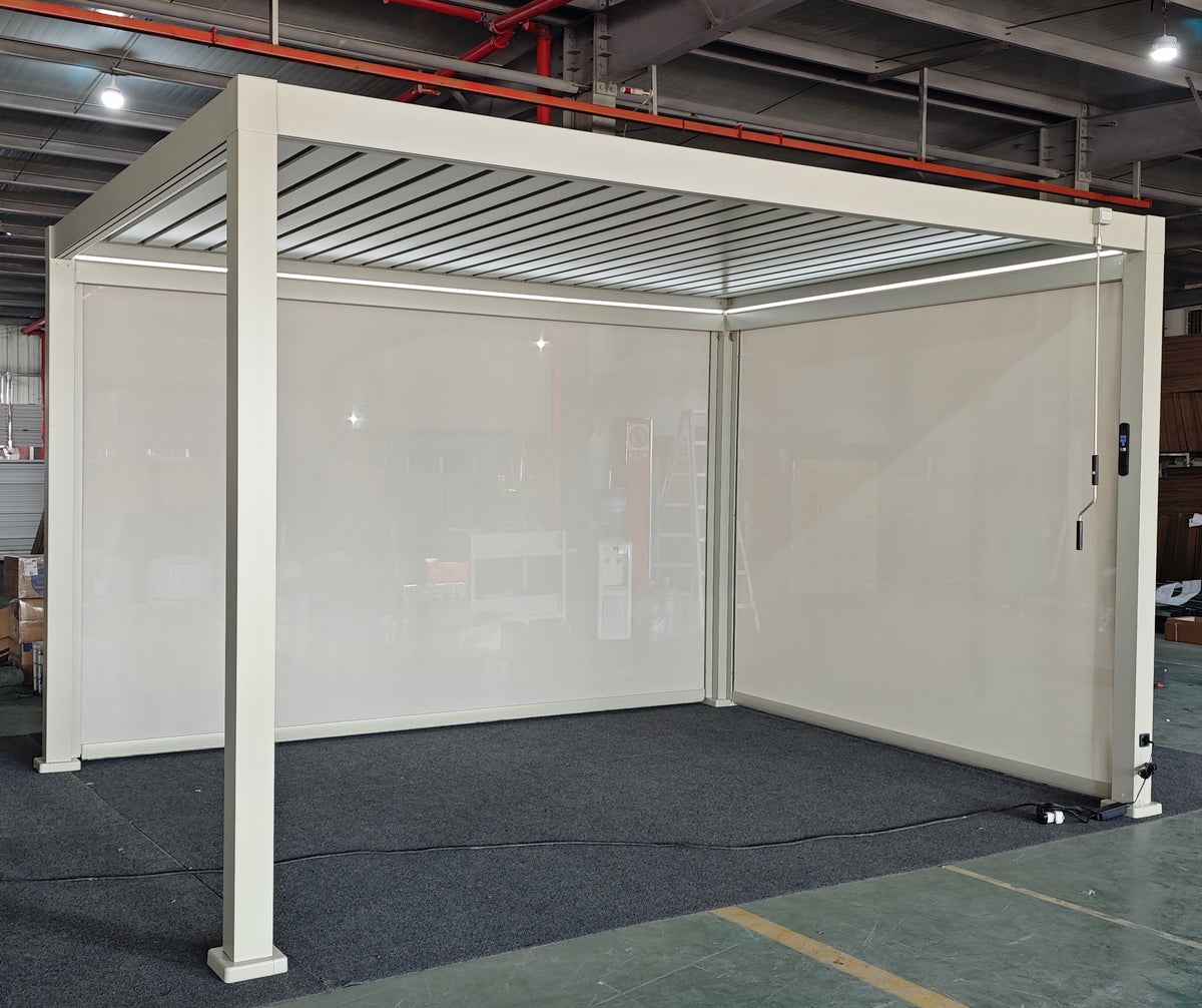 LuxShade™ 3×4m Pebble Aluminium Pergola with LEDs, Double-Layered Roof & 3 Blinds