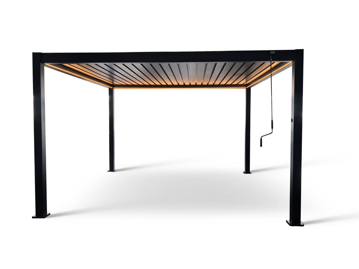 LuxShade™ 4×4m Aluminium Pergola with LEDs, Double-Layered Louvred Roof &amp; 3 Blinds