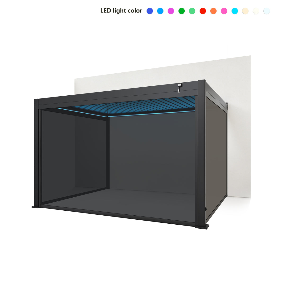 EdgeShade™ 3m x 4m Wall-Mounted Aluminium Pergola, Louvred Roof, RGBW LEDs & 3 Zip Windscreens –  Grey