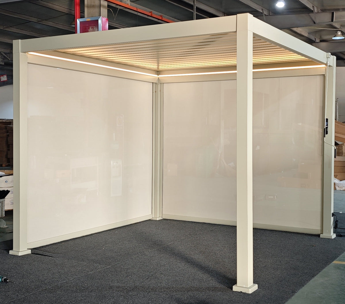 LuxShade™ 3×3m Pebble Aluminium Pergola with LEDs, Double-Layered Roof & 3 Blinds