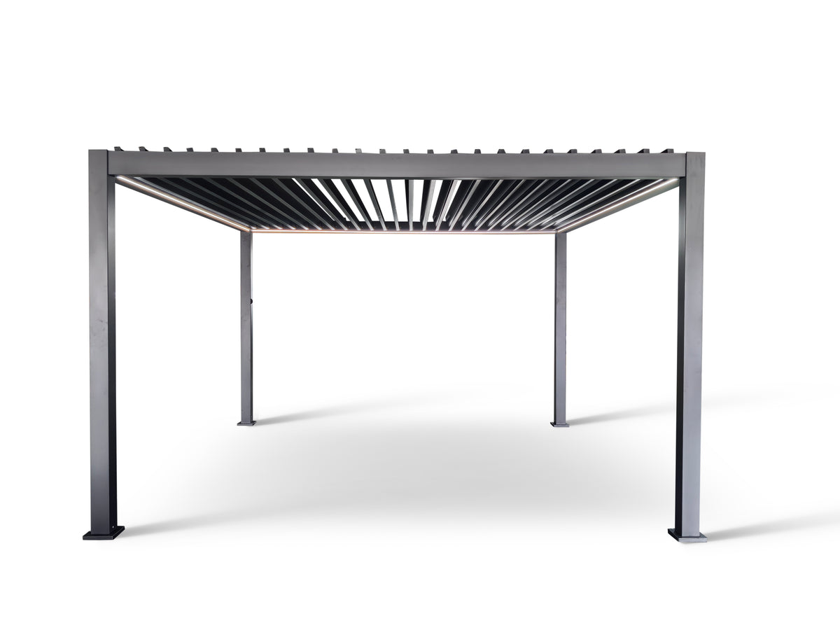LuxShade™ 4×4m Aluminium Pergola with LEDs, Double-Layered Louvred Roof &amp; 3 Blinds