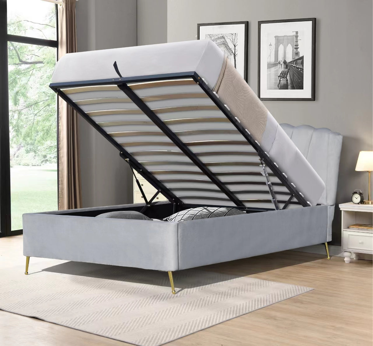 Luna Ottoman Storage Bed - Light Grey Plush Velvet - Size: 4ft 6&quot; Double