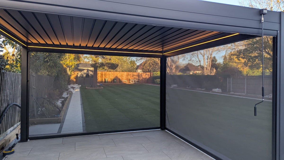 LuxShade™ 3×4m Aluminium Pergola with LEDs, Double-Layered Louvred Roof & 3 Blinds
