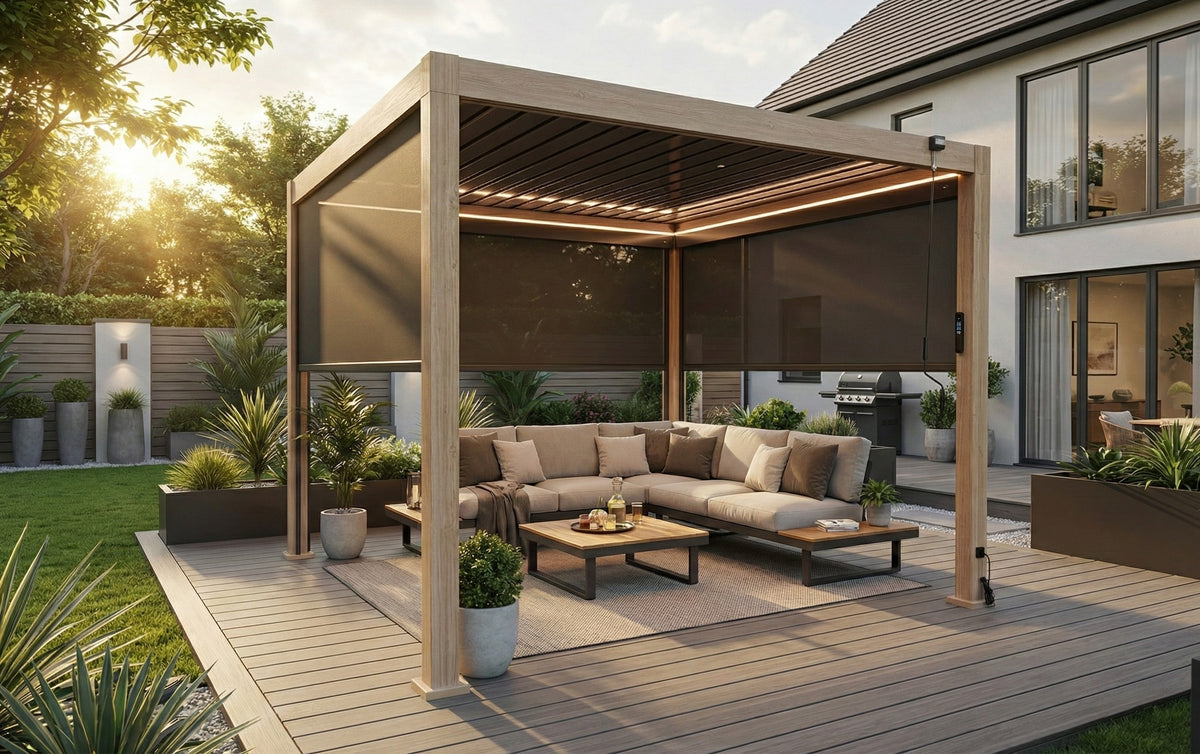 LuxShade™ 3×3m Wood Grain Aluminium Pergola with LEDs, Double-Layered Louvres & 3 Blinds
