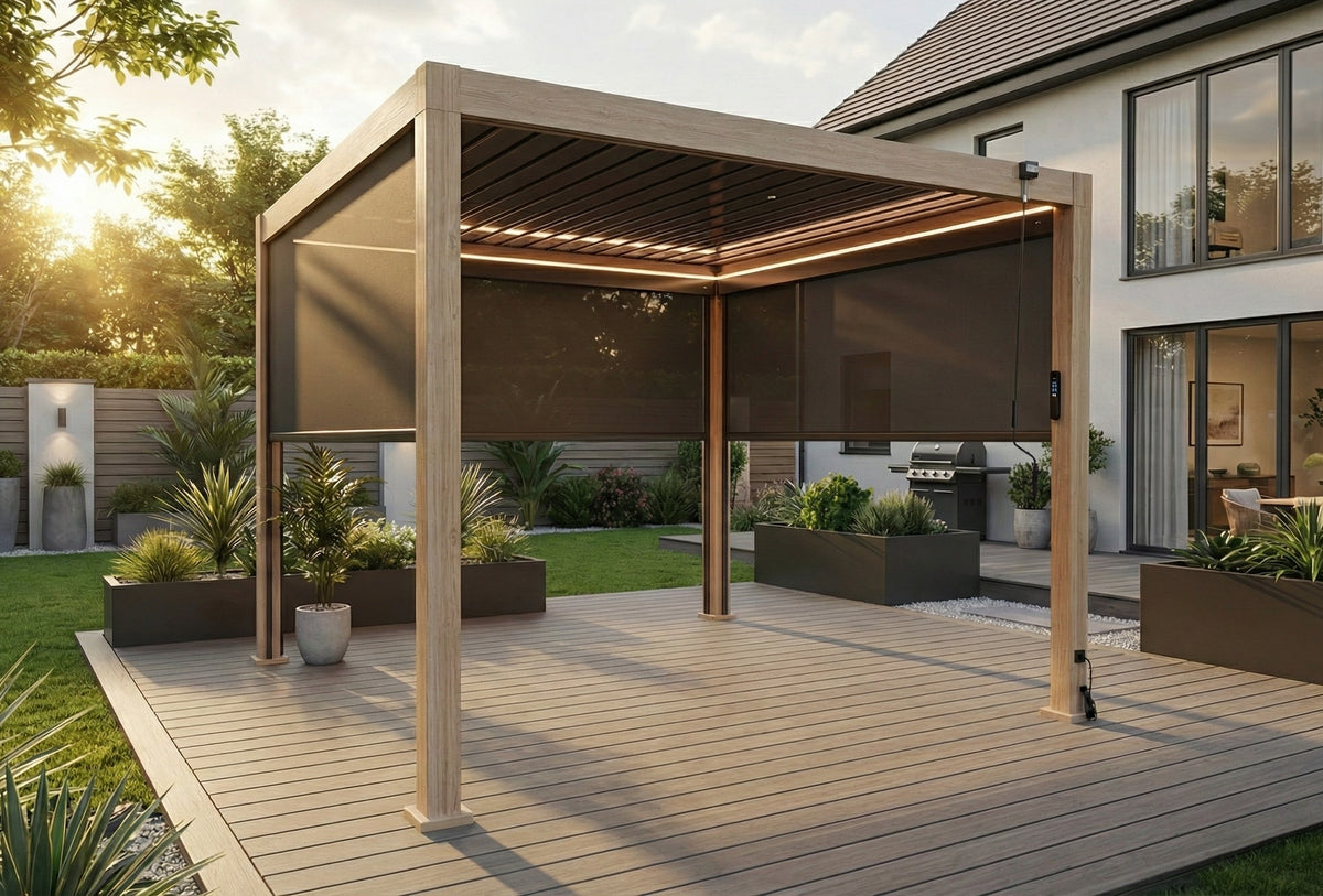 LuxShade™ 3×3m Wood Grain Aluminium Pergola with LEDs, Double-Layered Louvres & 3 Blinds