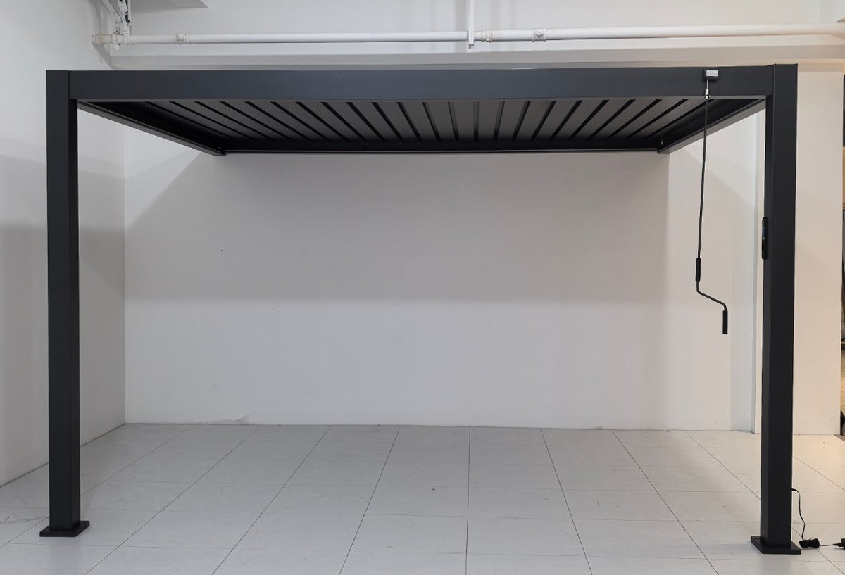 EdgeShade™ 3m x 4m Wall-Mounted Aluminium Pergola, Louvred Roof, RGBW LEDs –  Grey