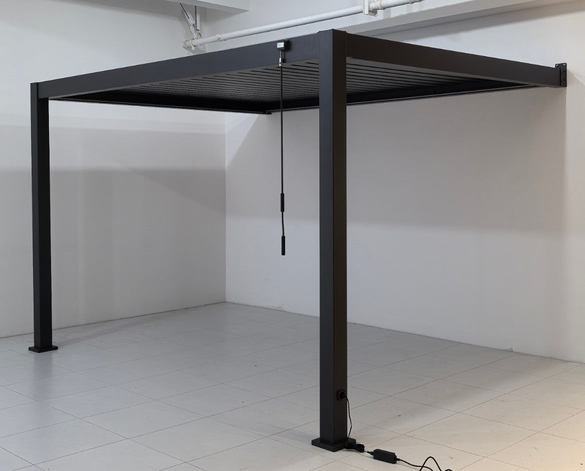 EdgeShade™ 3m x 4m Wall-Mounted Aluminium Pergola, Louvred Roof, RGBW LEDs –  Grey