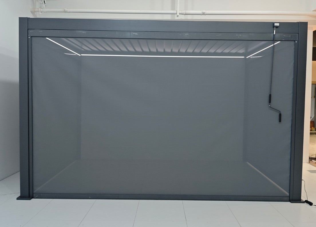 EdgeShade™ 3m x 4m Wall-Mounted Aluminium Pergola, Louvred Roof, RGBW LEDs –  Grey