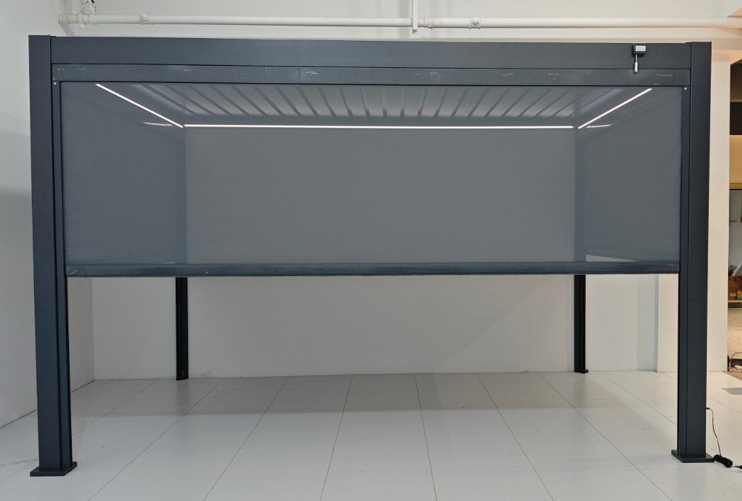 EdgeShade™ 3m x 4m Wall-Mounted Aluminium Pergola, Louvred Roof, RGBW LEDs –  Grey