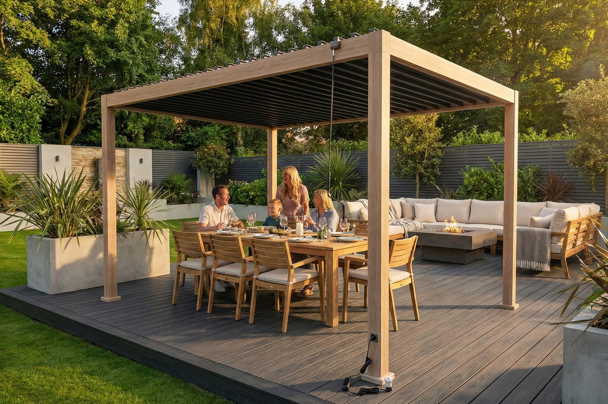 LuxShade™ 3×4m Wood Grain Aluminium Pergola with LEDs, Double-Layered Louvres & 3 Blinds