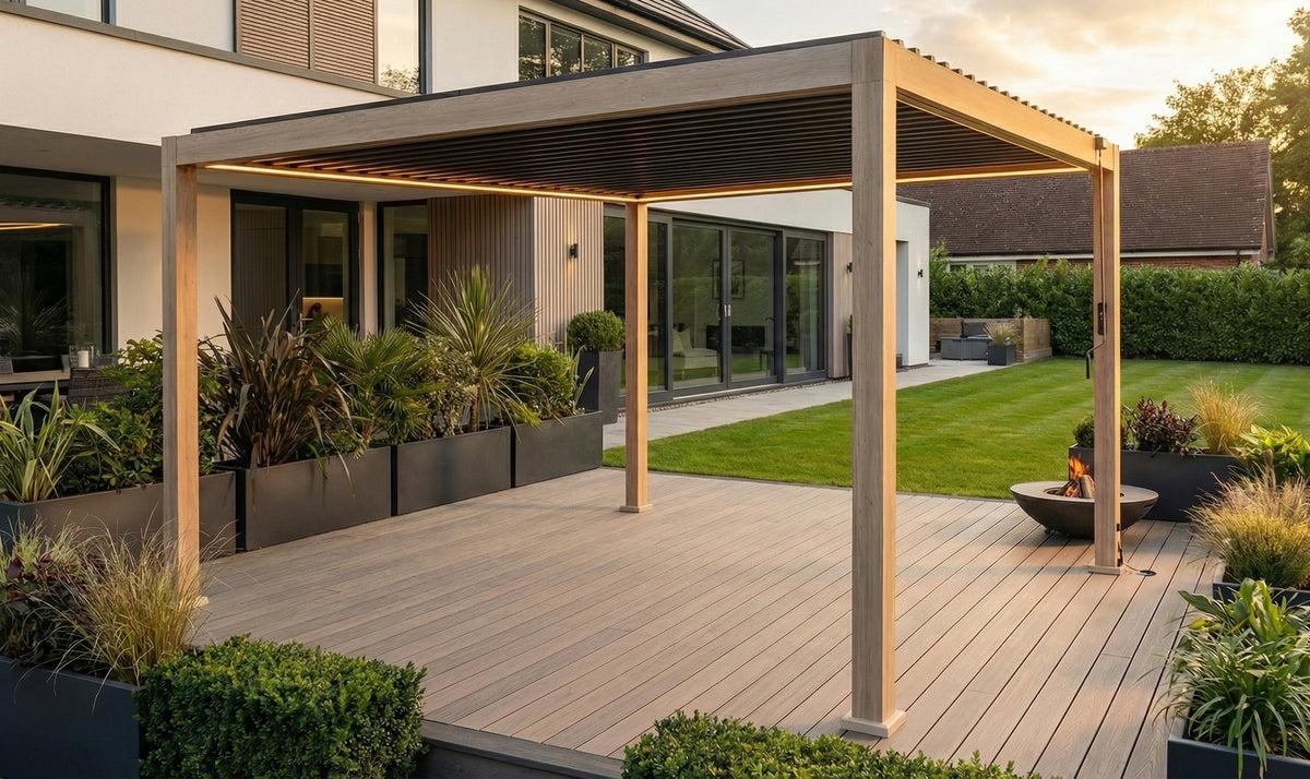 LuxShade™ 3×4m Wood Grain Aluminium Pergola with LEDs, Double-Layered Louvres