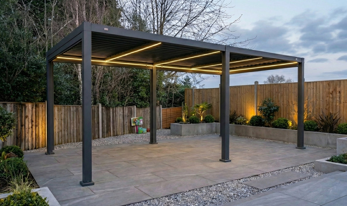 SplitZone™ 3×6m Grey Aluminium Pergola with LEDs, Mid-Beam Louvred Roof