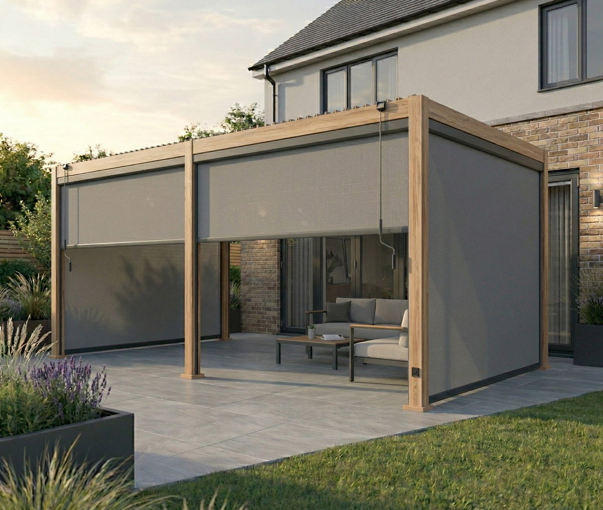 LuxShade™ 3×6m Aluminium Pergola LEDs, Double-Layered Louvred Roof & Blinds Oak Effect