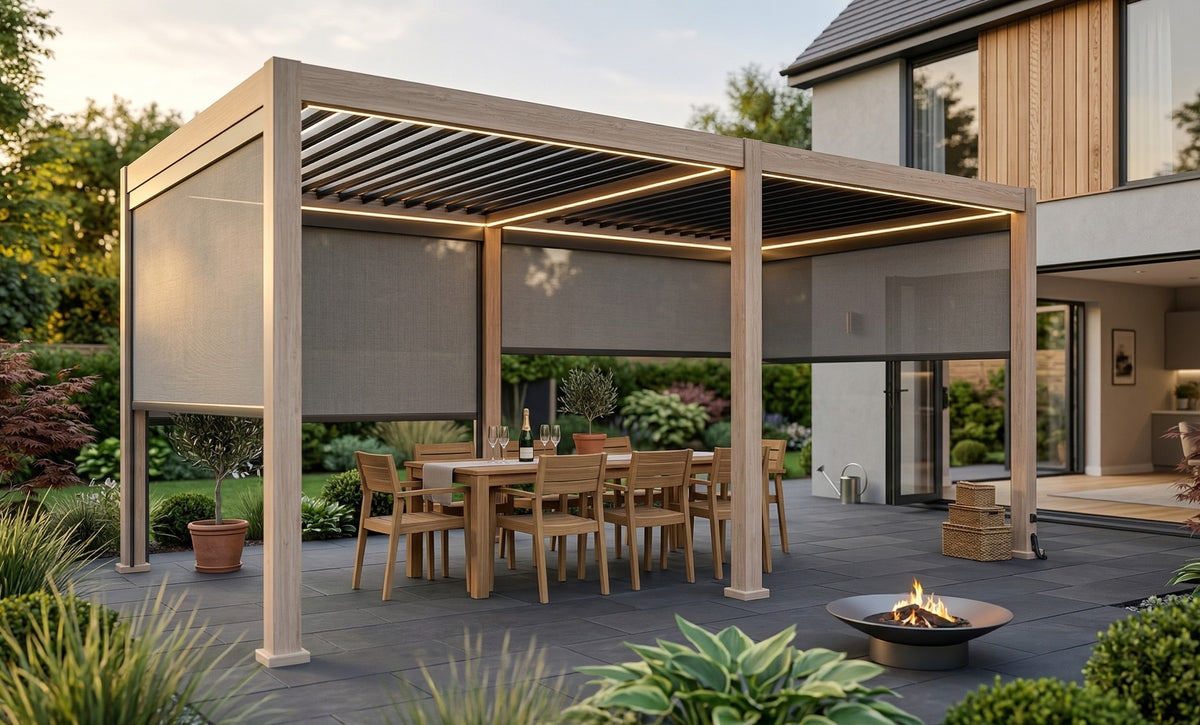 LuxShade™ 3×6m Aluminium Pergola LEDs, Double-Layered Louvred Roof & Blinds Oak Effect