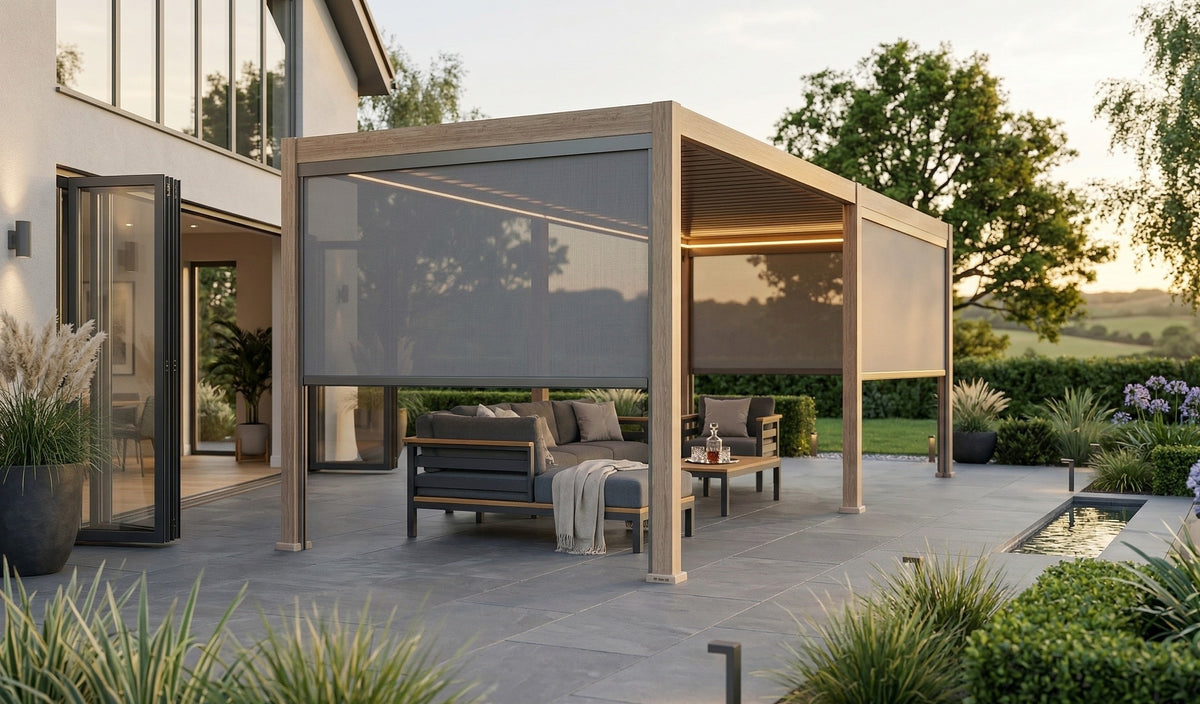 LuxShade™ 3×6m Aluminium Pergola LEDs, Double-Layered Louvred Roof & Blinds Oak Effect