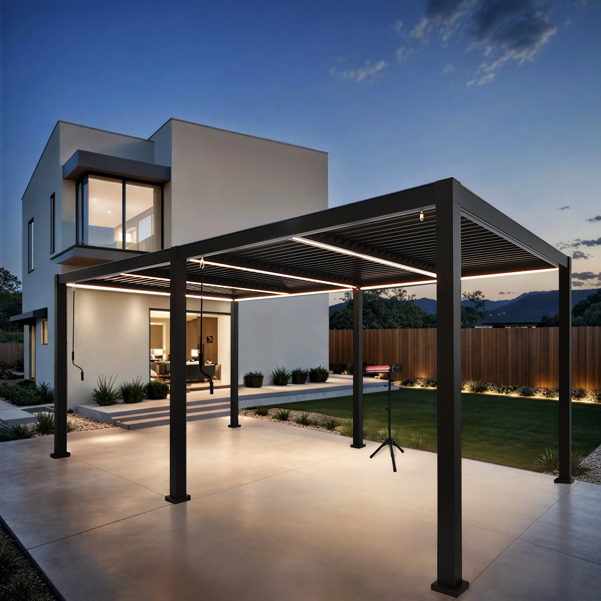 100% Aluminium LED Pergola Mid-Beam Support  Louvred Roof 3 x 6m Grey