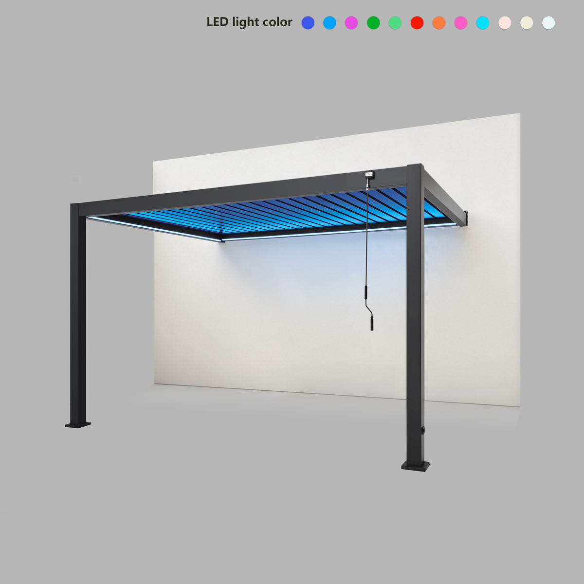 EdgeShade™ 3m x 4m Wall-Mounted Aluminium Pergola, Louvred Roof, RGBW LEDs –  Grey