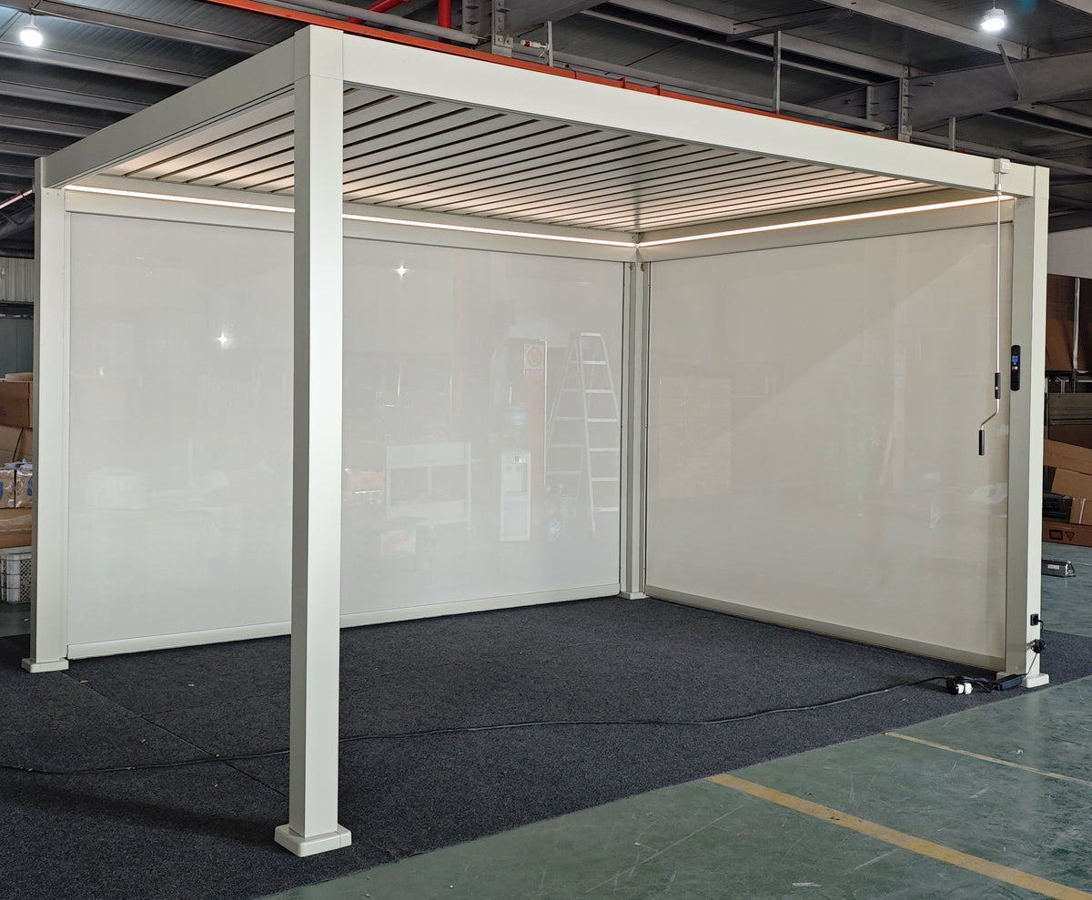 LuxShade™ 3×4m Pebble Aluminium Pergola with LEDs, Double-Layered Roof & 3 Blinds