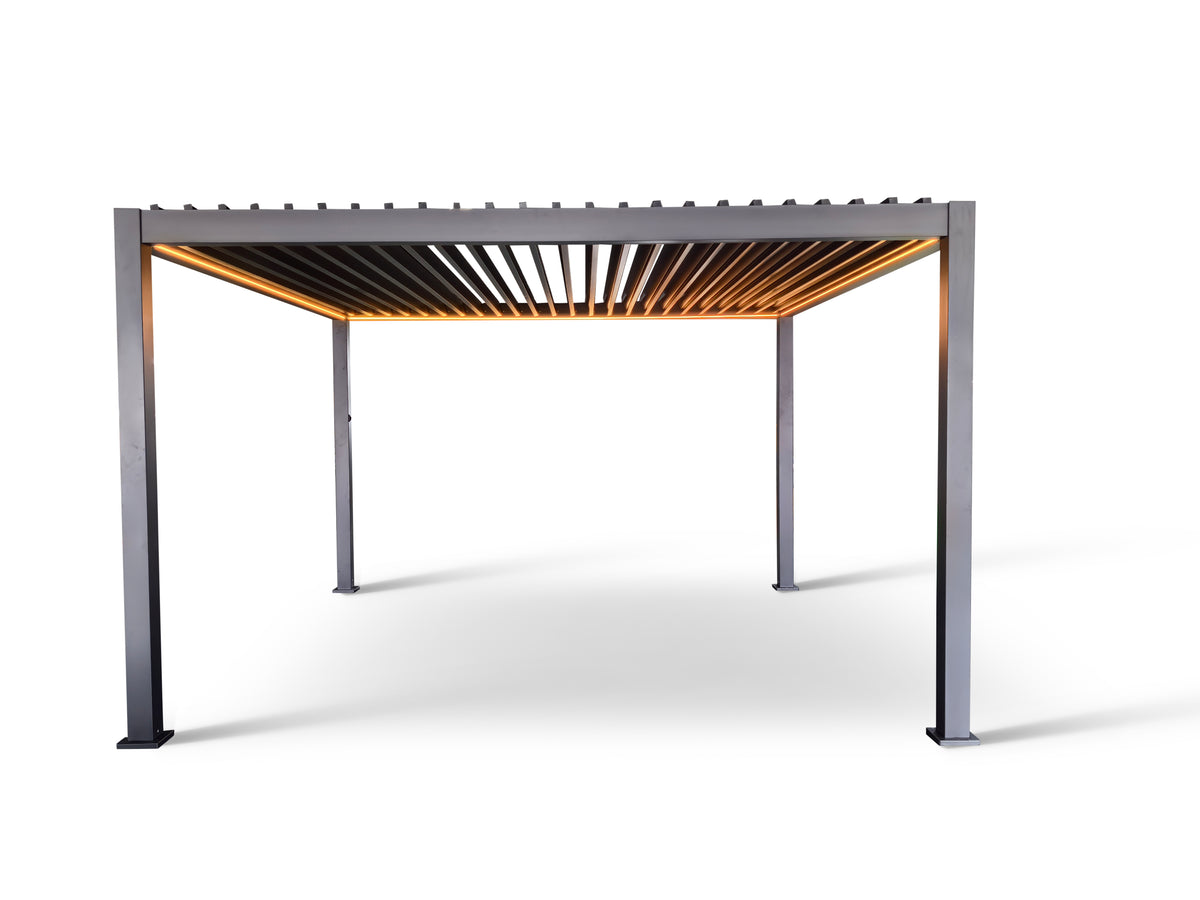 LuxShade™ 4×4m Aluminium Pergola with LEDs, Double-Layered Louvred Roof &amp; 3 Blinds
