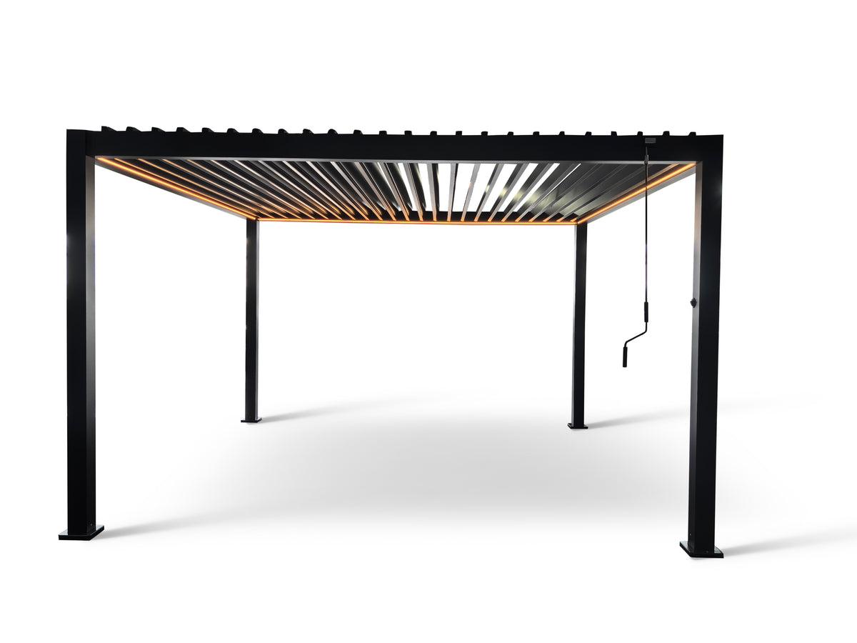 LuxShade™ 4×4m Aluminium Pergola with LEDs, Double-Layered Louvred Roof &amp; 3 Blinds