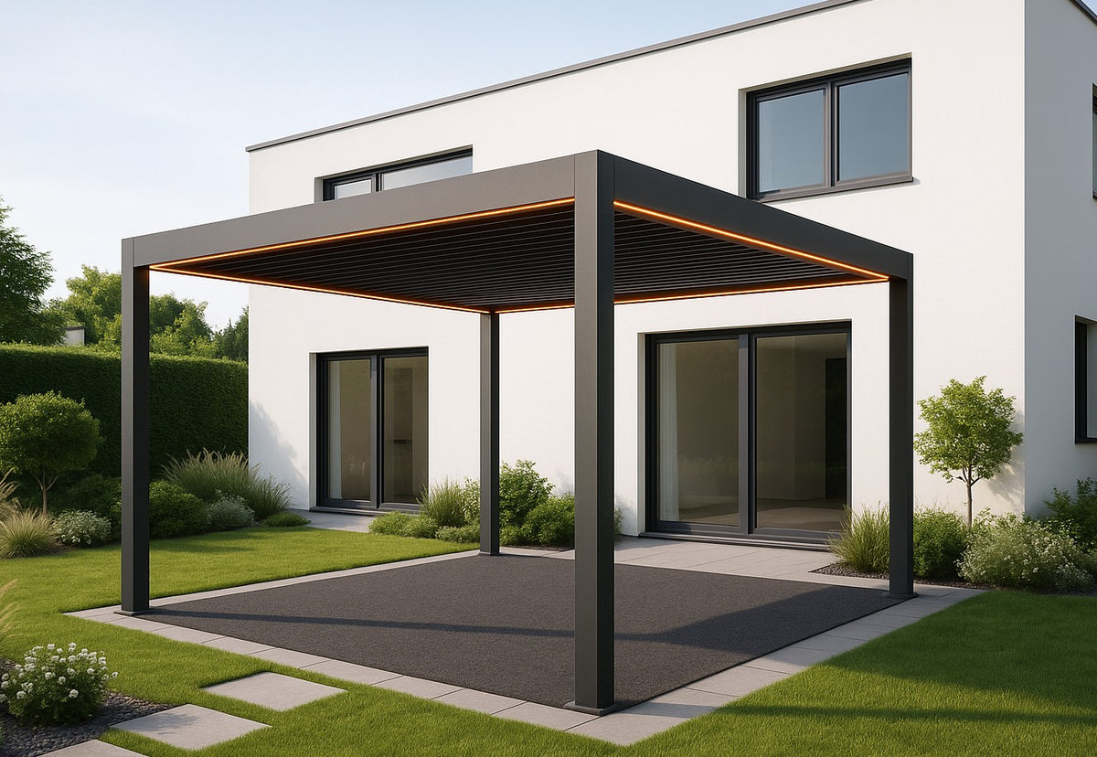 LuxShade™ 4×4m Aluminium Pergola with LEDs, Double-Layered Louvred Roof