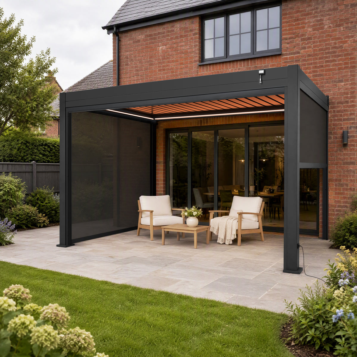 EdgeShade™ 3m x 4m Wall-Mounted Aluminium Pergola, Louvred Roof, RGBW LEDs & 3 Zip Windscreens –  Grey