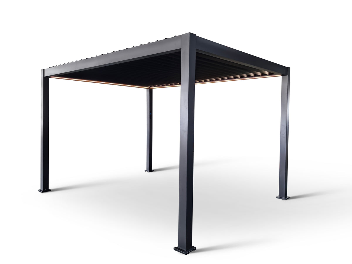 MotaShade™ 3×4m Motorised Aluminium Pergola – Double‑Layer Louvers, LED Lighting