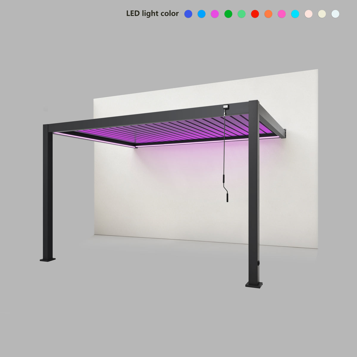 EdgeShade™ 3m x 4m Wall-Mounted Aluminium Pergola, Louvred Roof, RGBW LEDs –  Grey