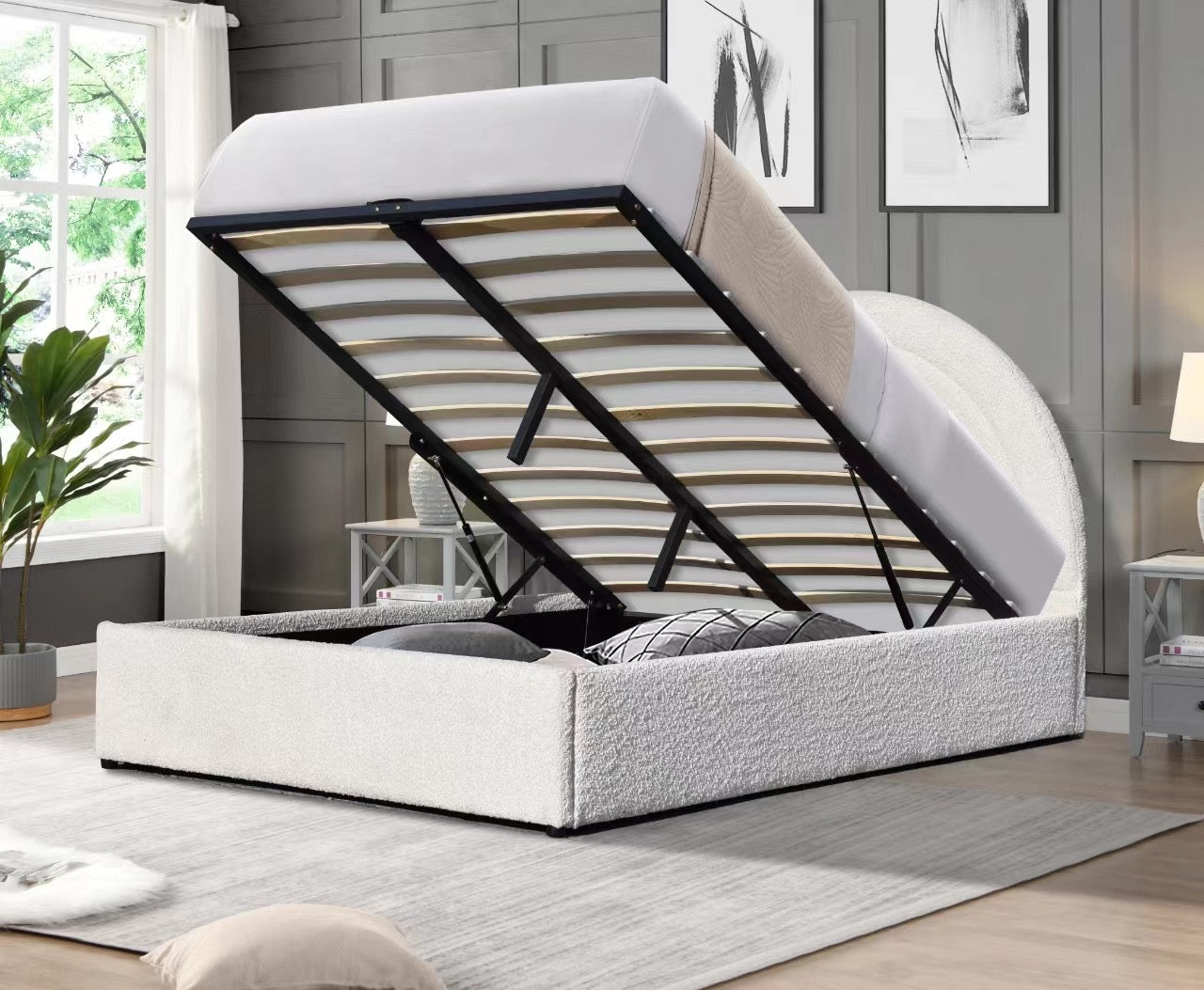Emma Ottoman Storage Bed - Bouclé "Teddy" Fabric - Size: 4ft 6" Double ...