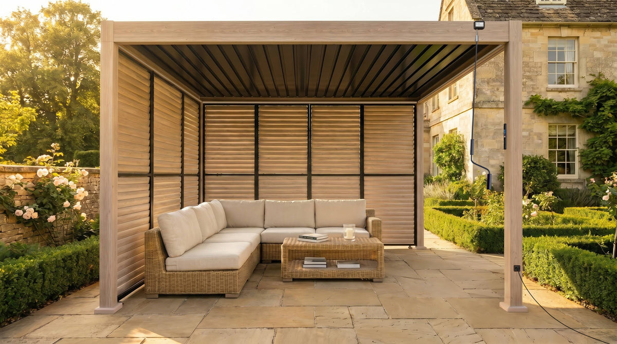 4M Louvre Side Wall 4 Panel Set in Wood Effect | MotaShade™ & LuxShade™ 4x4M Compatible