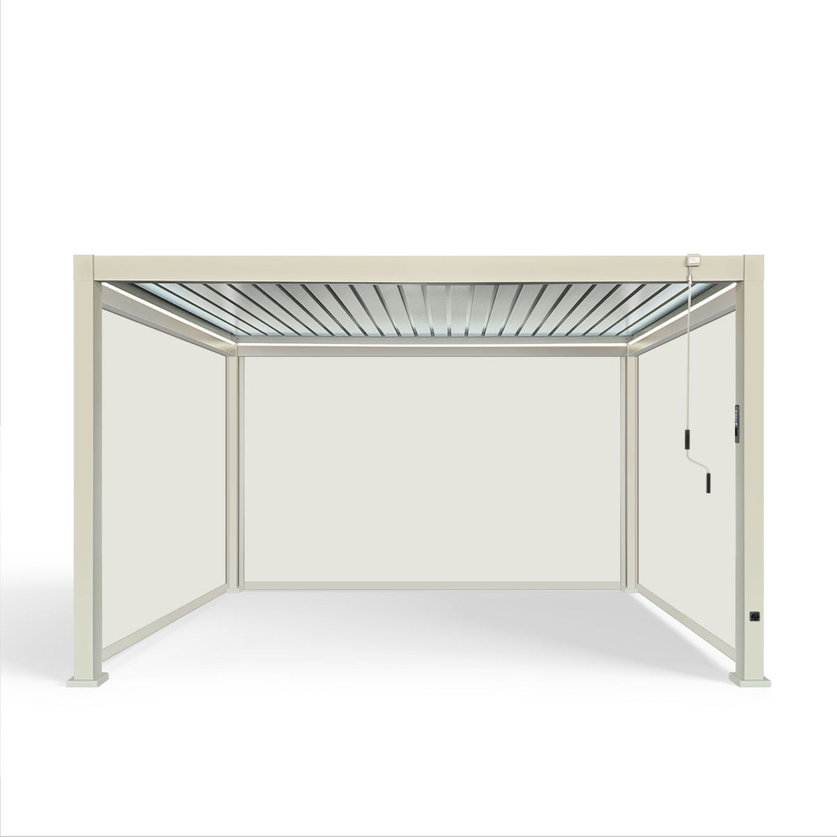 LuxShade™ 3×4m Pebble Aluminium Pergola with LEDs, Double-Layered Roof & 3 Blinds