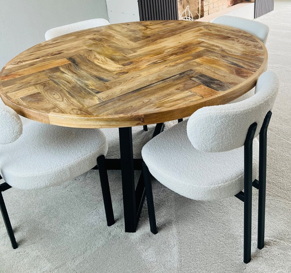 Round Solid Mango Wood Dining Table | Herringbone Design - 140cms