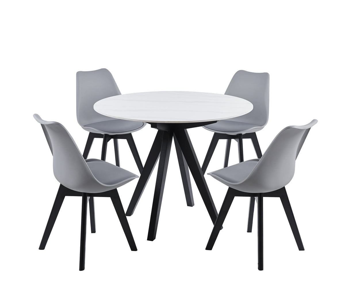 Calvin White Round Ceramic Table (100cms) &amp; 4 Grey Chairs Dining Set Casa Maria Designs 