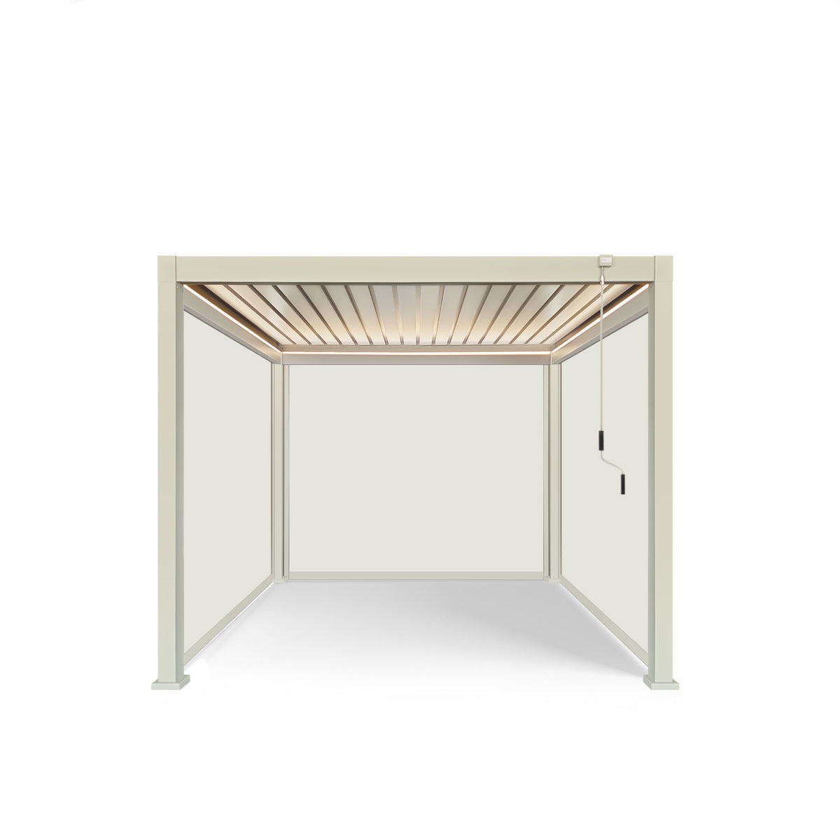 LuxShade™ 3×3m Pebble Aluminium Pergola with LEDs, Double-Layered Roof & 3 Blinds