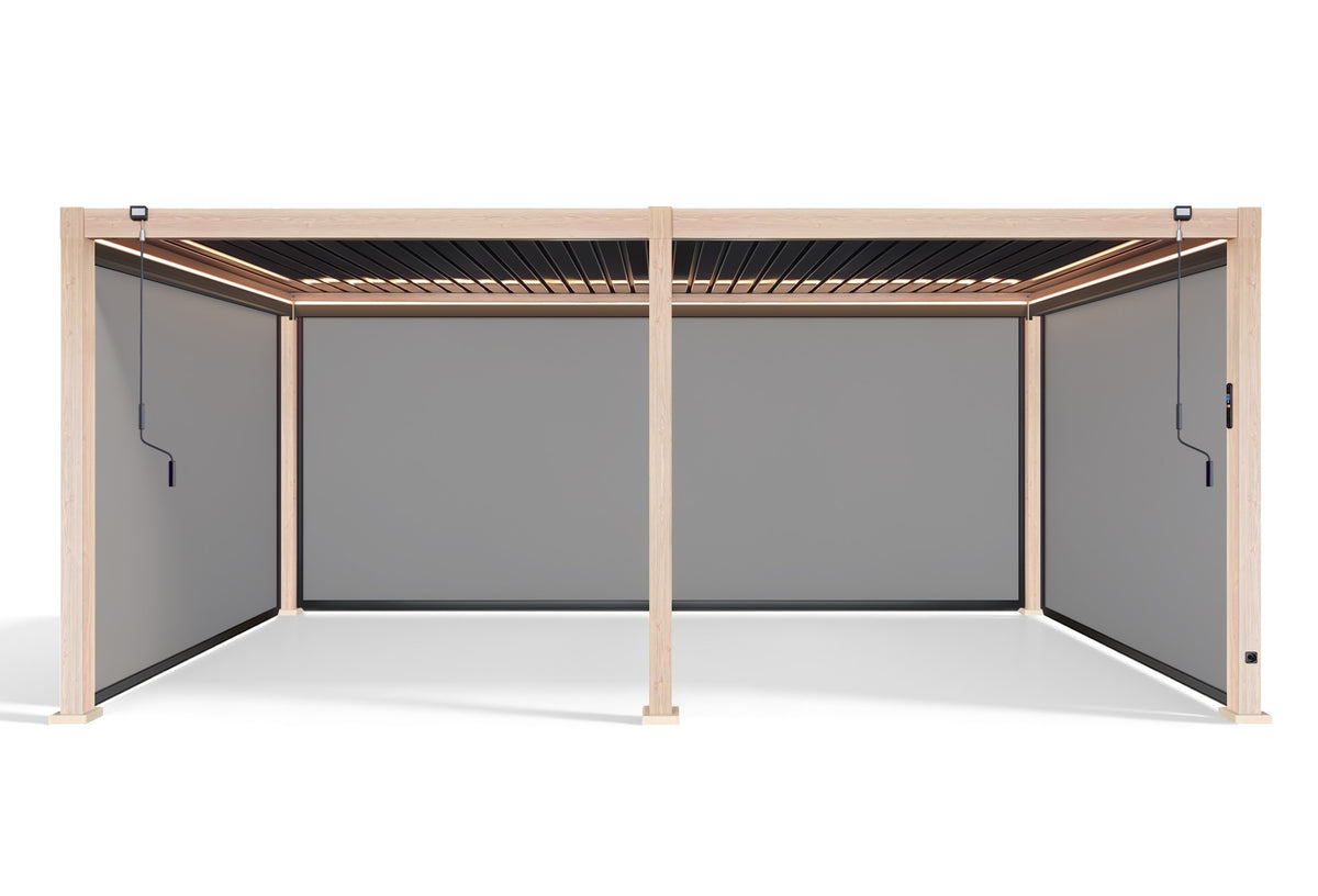 LuxShade™ 3×6m Aluminium Pergola LEDs, Double-Layered Louvred Roof & Blinds Oak Effect