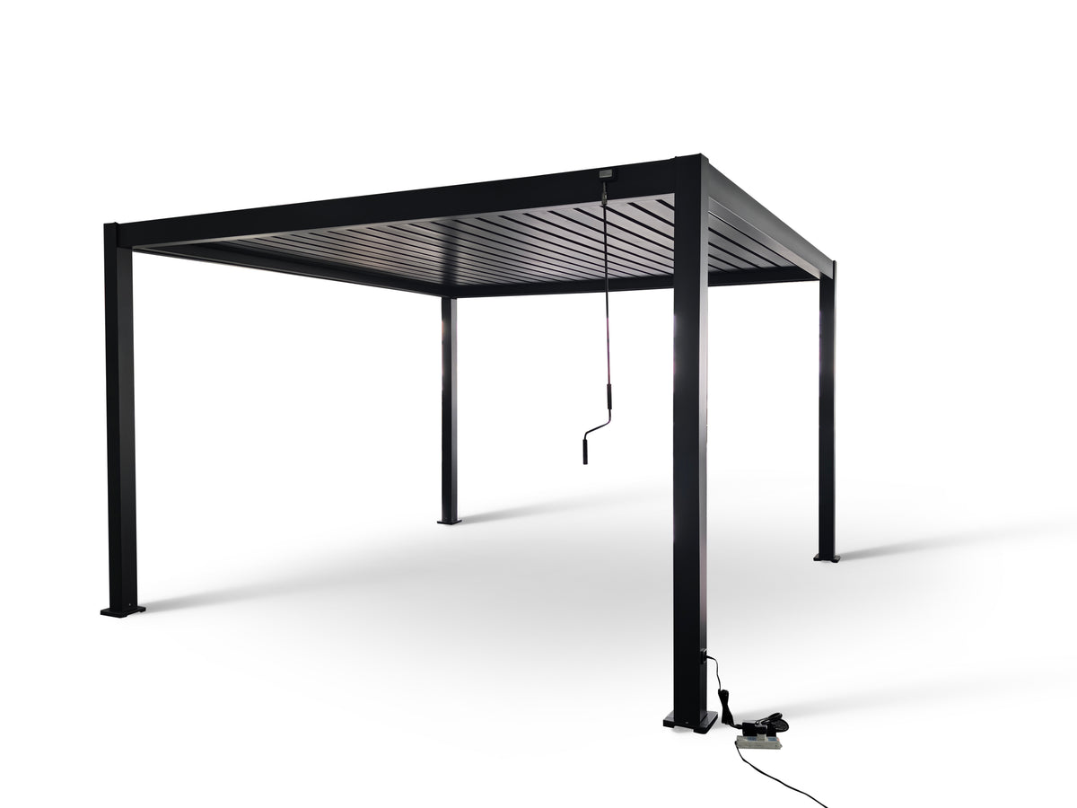 LuxShade™ 4×4m Aluminium Pergola with LEDs, Double-Layered Louvred Roof &amp; 3 Blinds