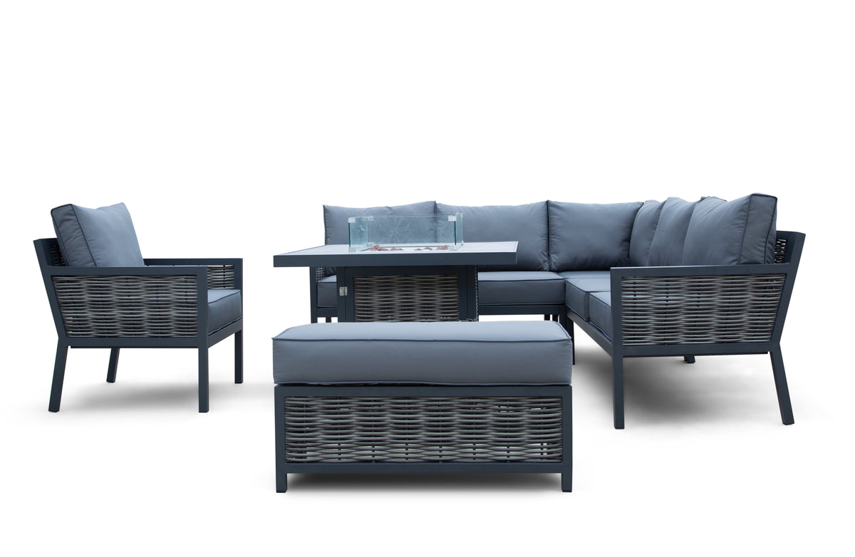 Porto Aluminium Corner Sofa, Chair, Bench &amp; Fire Pit Dining Table Set | Dark Grey