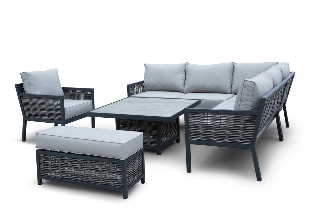 Lisbon Aluminium Corner Sofa, Chair, Bench &amp; Rising Table Dining Set | Light Grey