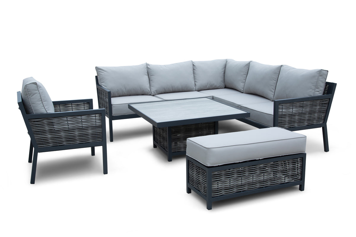 Lisbon Aluminium Corner Sofa, Chair, Bench &amp; Rising Table Dining Set | Light Grey