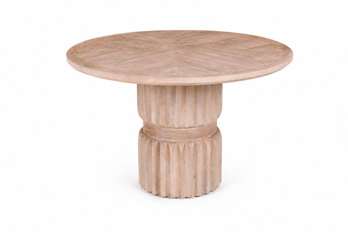 Aurelia Round Mango Wood Dining Table | Carved Fluted Pedestal Base | 120 cm