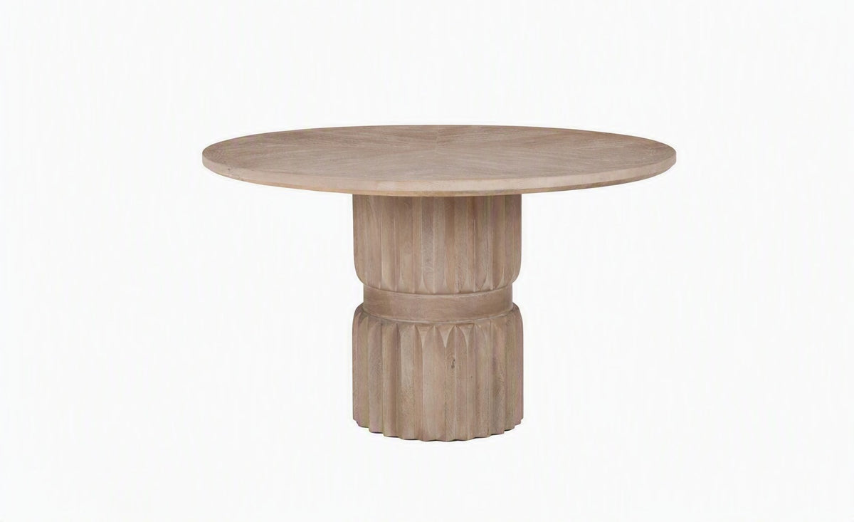 Aurelia Round Mango Wood Dining Table | Carved Fluted Pedestal Base | 120 cm