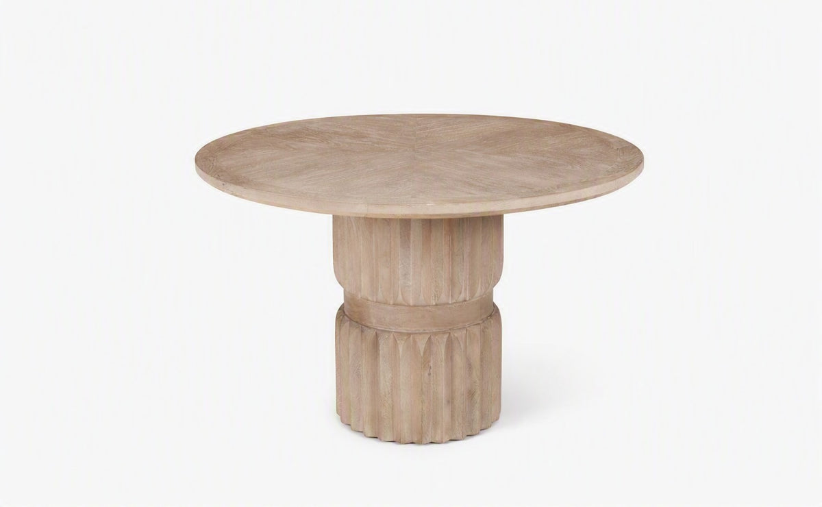 Aurelia Round Mango Wood Dining Table | Carved Fluted Pedestal Base | 120 cm