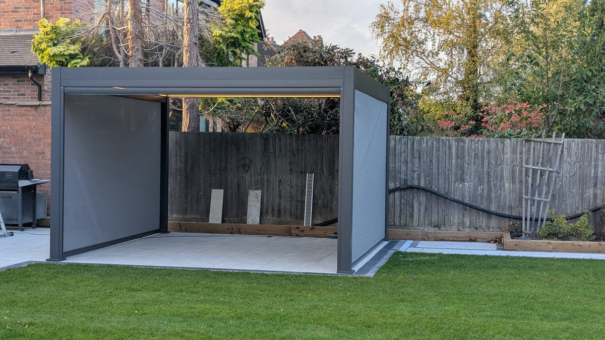 LuxShade™ 3×4m Aluminium Pergola with LEDs, Double-Layered Louvred Roof & 3 Blinds