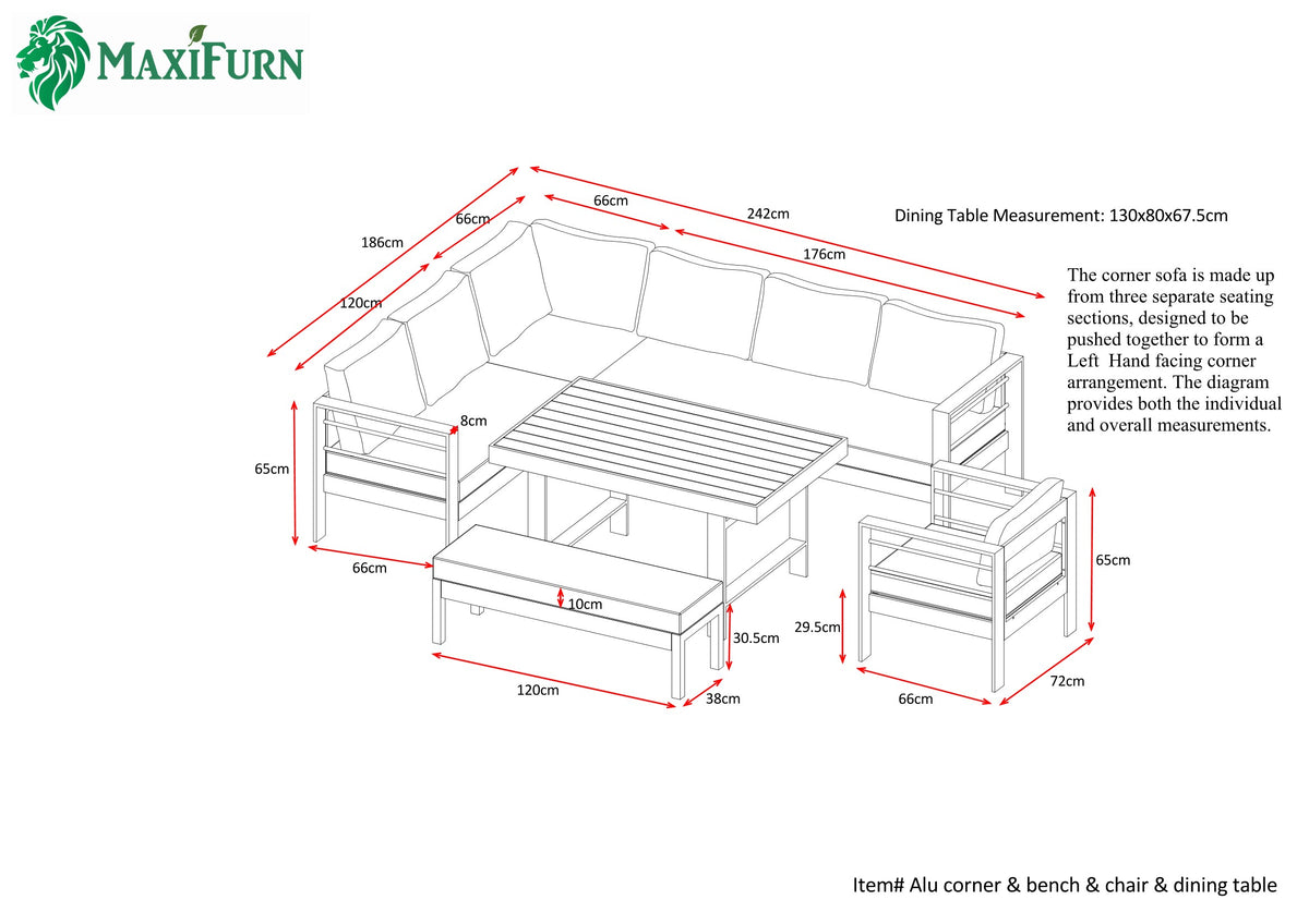 Aluminium Left Hand Corner Garden Sofa & Dining Set with Bench – Taupe / Natural