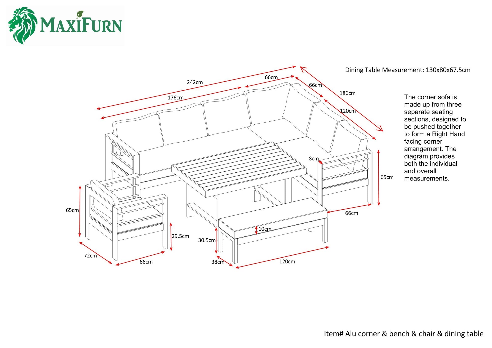 Aluminium Right Hand Corner Garden Sofa & Dining Set with Bench – Blac ...