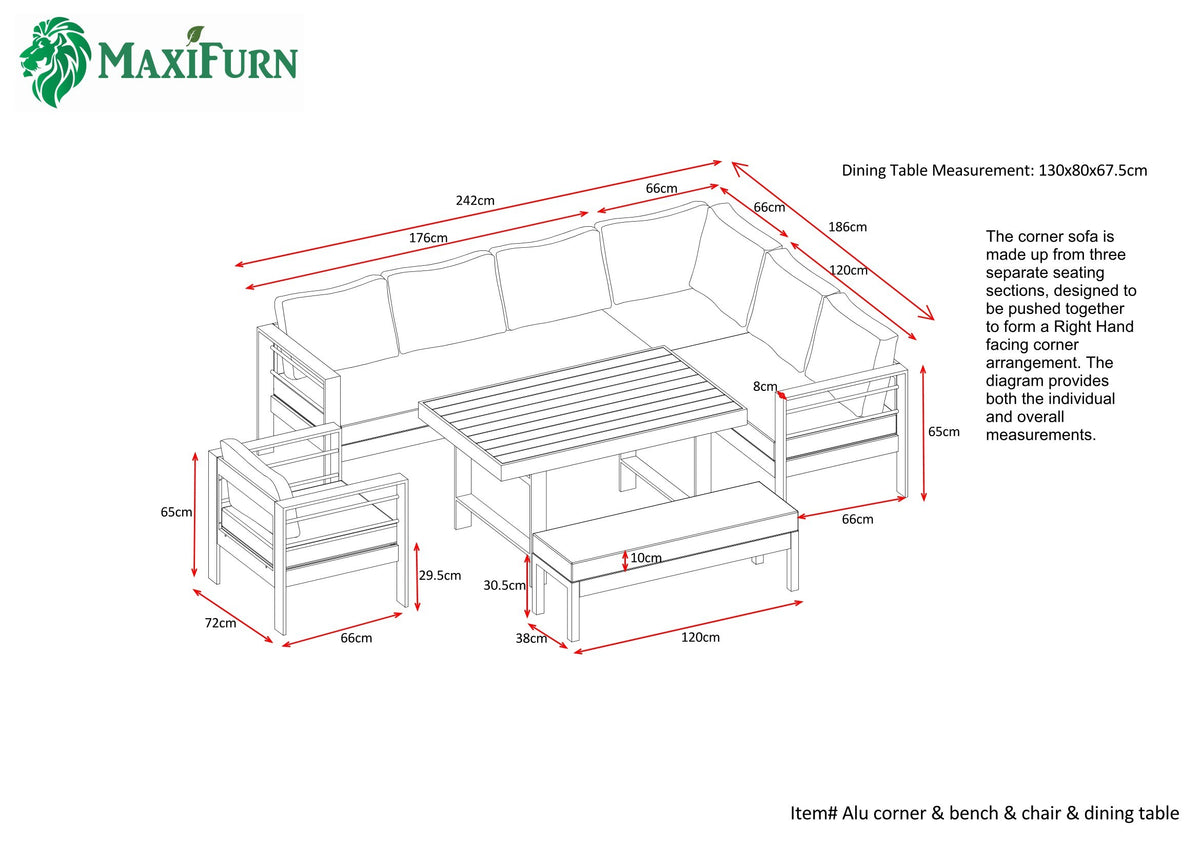 Aluminium Right Hand Corner Garden Sofa & Dining Set with Bench – Taupe / Natural