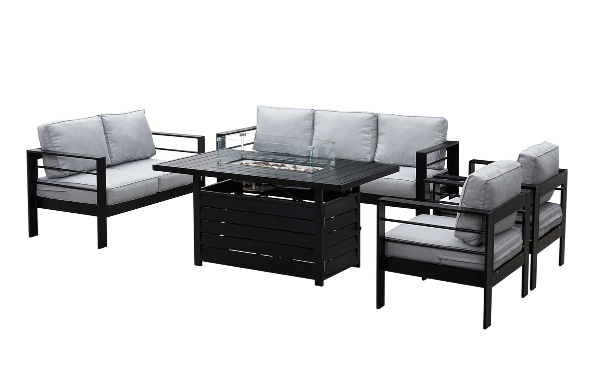 Aluminium 3 + 2 + 1 + 1 + Fire Pit Table Garden Furniture Sofa Set in Black and Grey