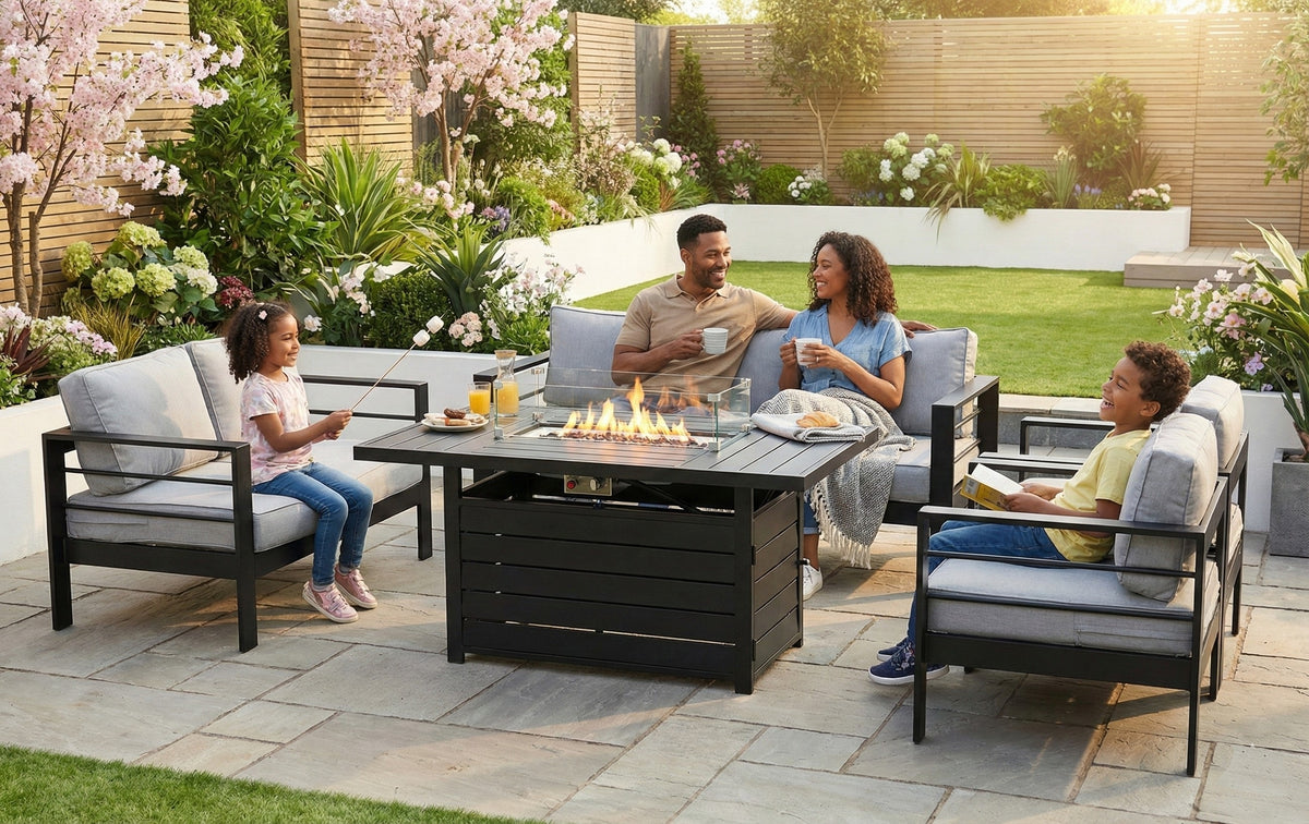 Aluminium 3 + 2 + 1 + 1 + Fire Pit Table Garden Furniture Sofa Set in Black and Grey